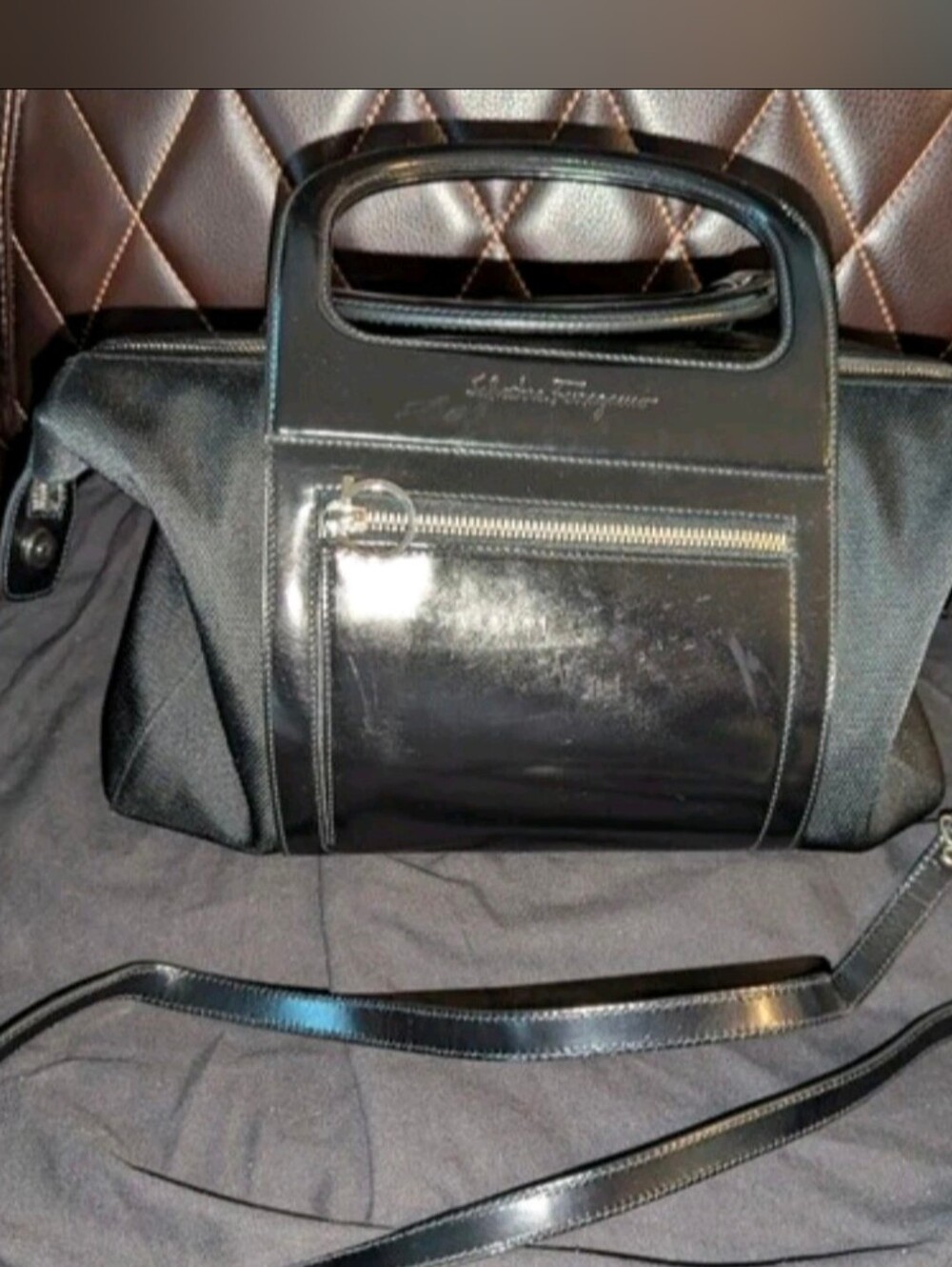 Salvatore Ferragamo Signature Black Leather & Canvas Top Handle Bag W/Strap